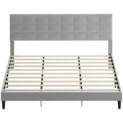 King Size Bed Frame, Upholstered Headboard, Wood Slats, 1100 lbs, Grey Bed Frames Grey at Gallery Canada