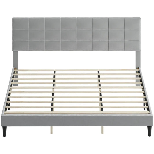 King Size Bed Frame, Upholstered Headboard, Wood Slats, 1100 lbs, Grey Bed Frames Grey at Gallery Canada
