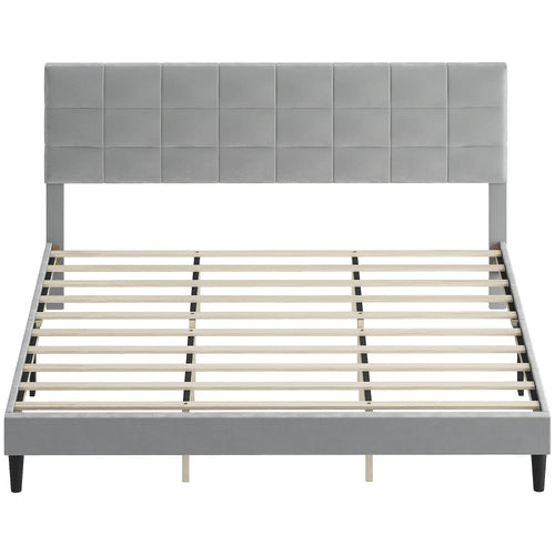 King Size Bed Frame, Upholstered Headboard, Wood Slats, 1100 lbs, Grey