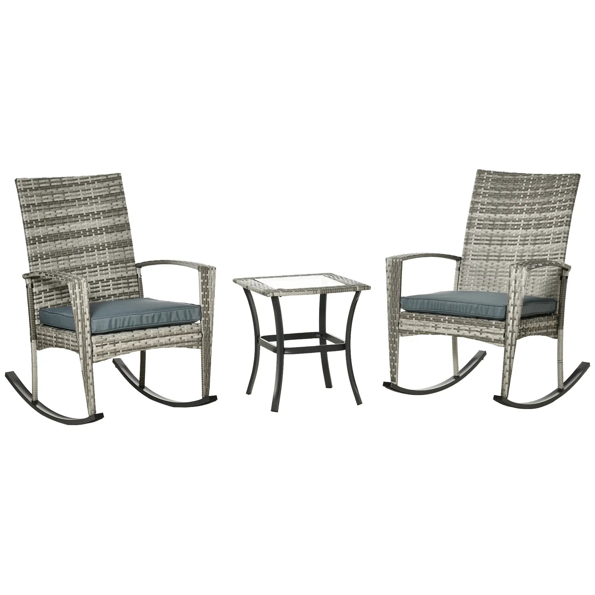 3-Piece Patio Wicker Rocking Chair Set, Outdoor PE Rattan, 2 Chairs 1 Table, Grey Outdoor Rocking Chairs Mixed Grey Wicker, Light Grey Cushion at Gallery Canada