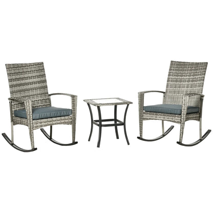 3-Piece Patio Wicker Rocking Chair Set, Outdoor PE Rattan, 2 Chairs 1 Table, Grey Outdoor Rocking Chairs Mixed Grey Wicker, Light Grey Cushion at Gallery Canada