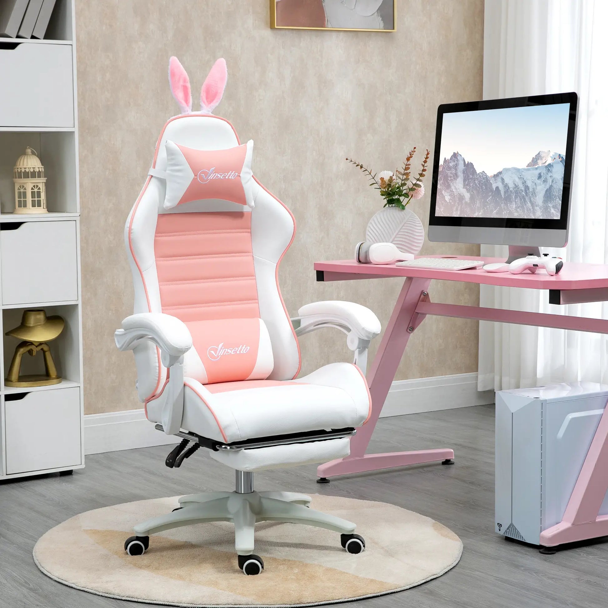 Racing Gamer Chair, PU Leather with Footrest, Headrest, Lumbar Support, Pink Video Game Chairs at Gallery Canada
