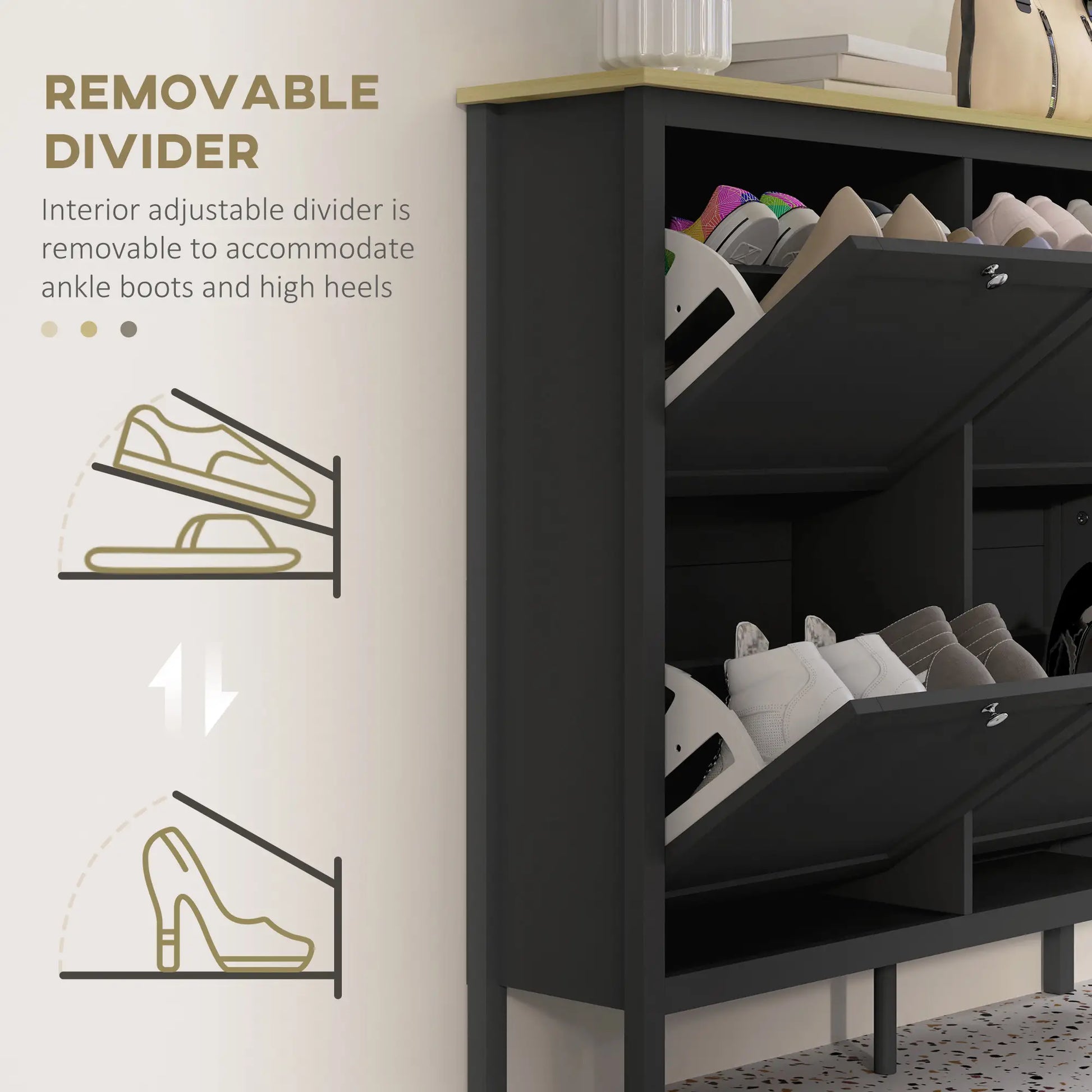 Shoe Storage Cabinet, 4 Flip Drawers, Adjustable Shelves, Holds 20 Pairs, Black Shoe Storage Cabinets & Racks at Gallery Canada