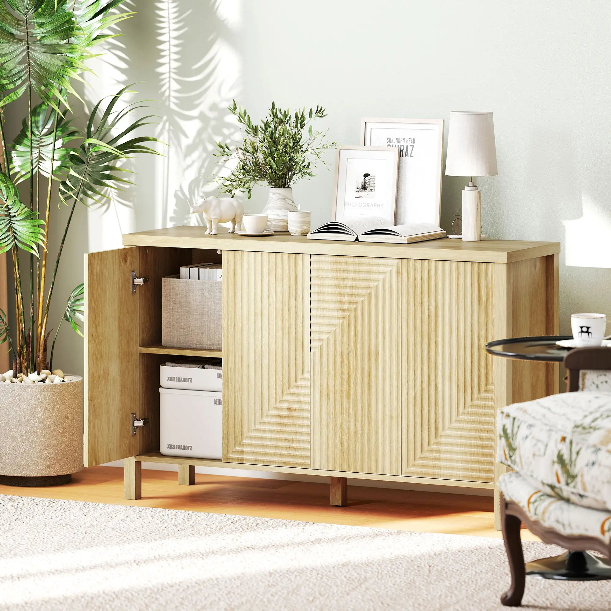 47 Inch Buffet Cabinet, Fluted Sideboard, Push Open, 2 Shelves, 4 Doors, Natural Bar Cabinets at Gallery Canada