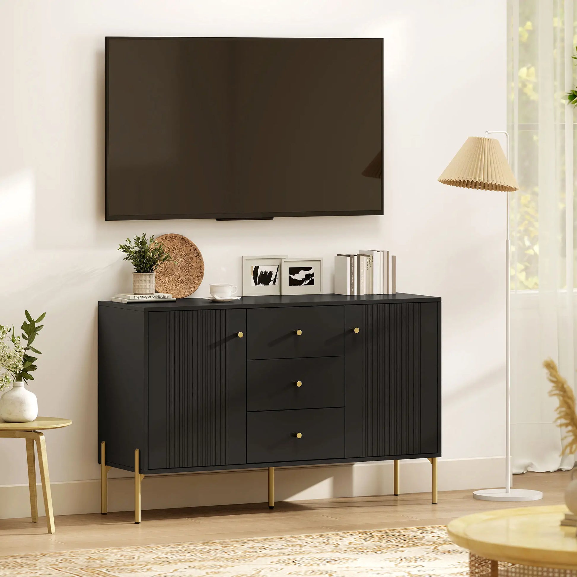 Buffet Cabinet, Modern Sideboard with 3 Drawers and 2 Shelves, Black Storage Cabinets at Gallery Canada