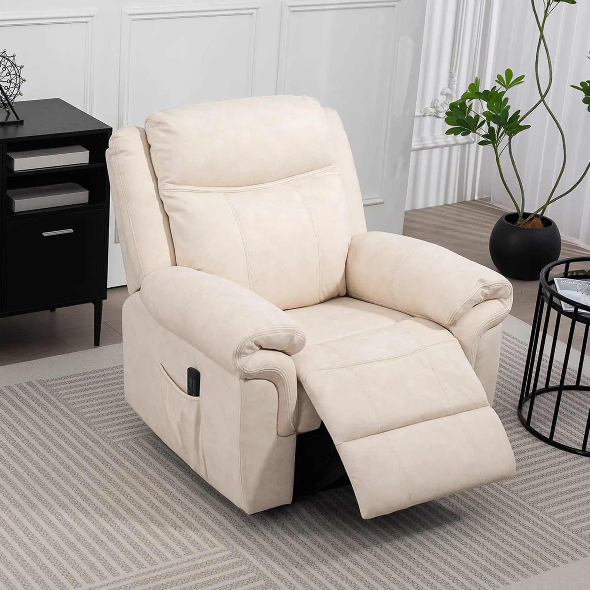 Manual Recliner Chair, Vibration Massage, Side Pockets, Microfibre, Cream White Sofas & Reclining Chairs at Gallery Canada