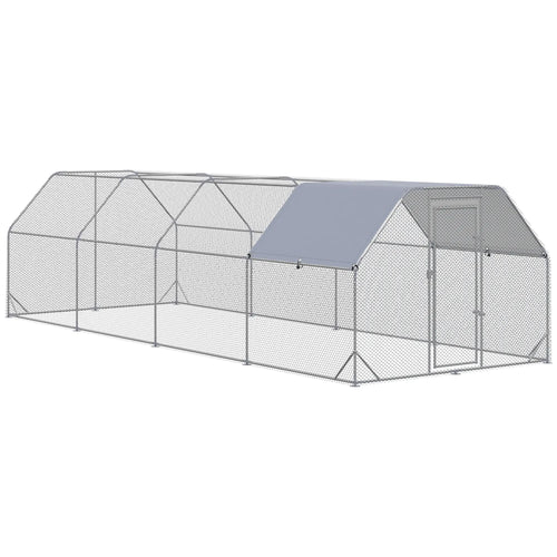 Large Metal Chicken Coop, Walk-In Enclosure, 9.2' x 24.9' x 6.5', Silver