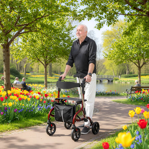 Foldable Rollator Walker With Seat, Adjustable Handles, Red