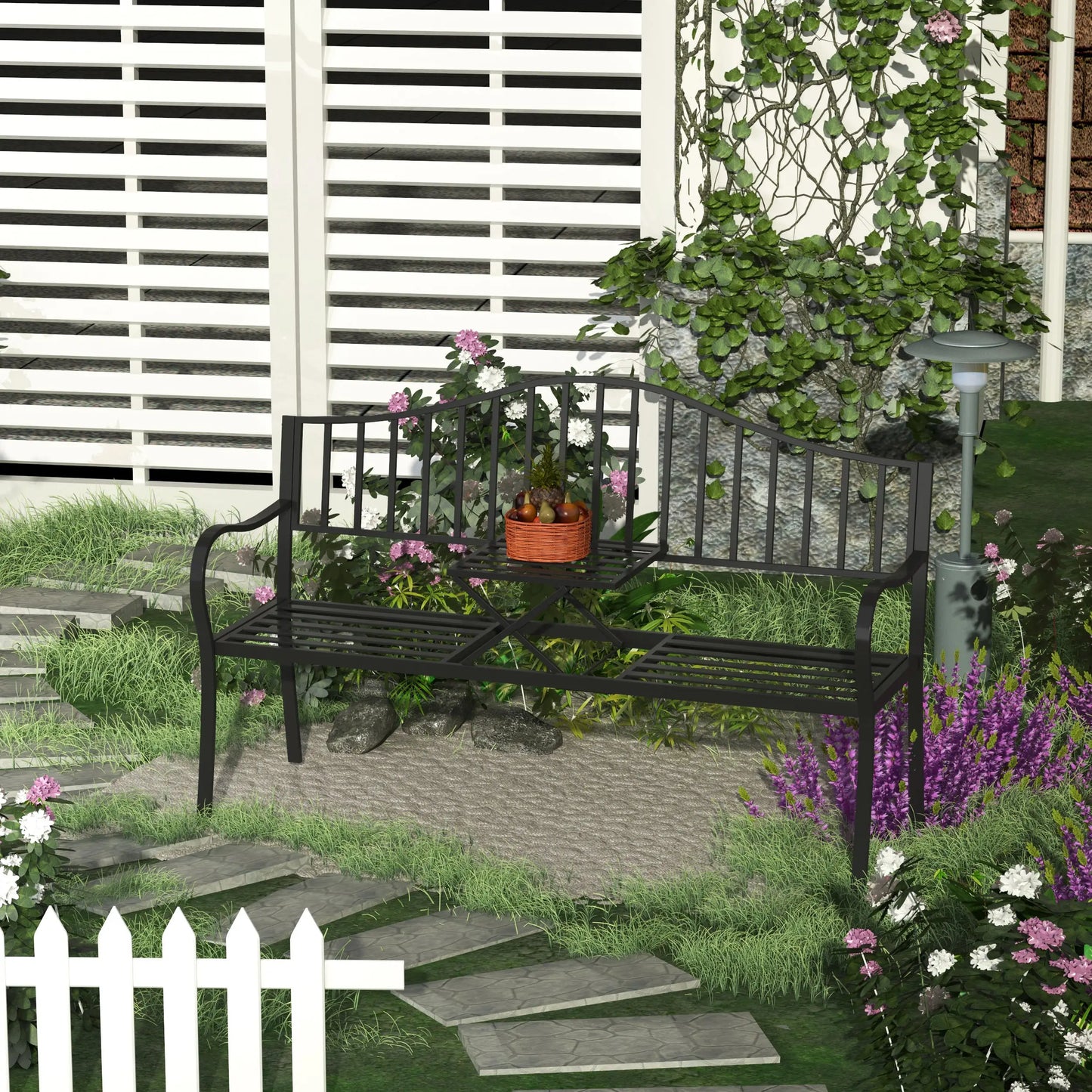 Outdoor Bench, Retractable Table, Metal Frame, Slatted Seat, Black Outdoor Benches at Gallery Canada
