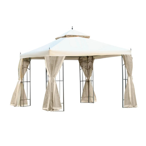 10' x 10' Steel Outdoor Gazebo, Removable Mesh Curtains, Beige