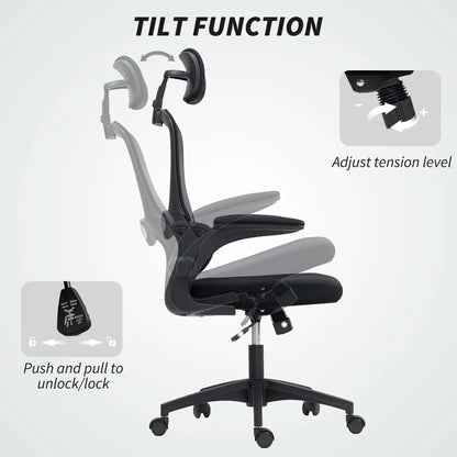 Ergonomic Mesh Office Chair, High Back, Rotatable Headrest, Flip Up Armrests, Lumbar Support, Black Task Chairs at Gallery Canada