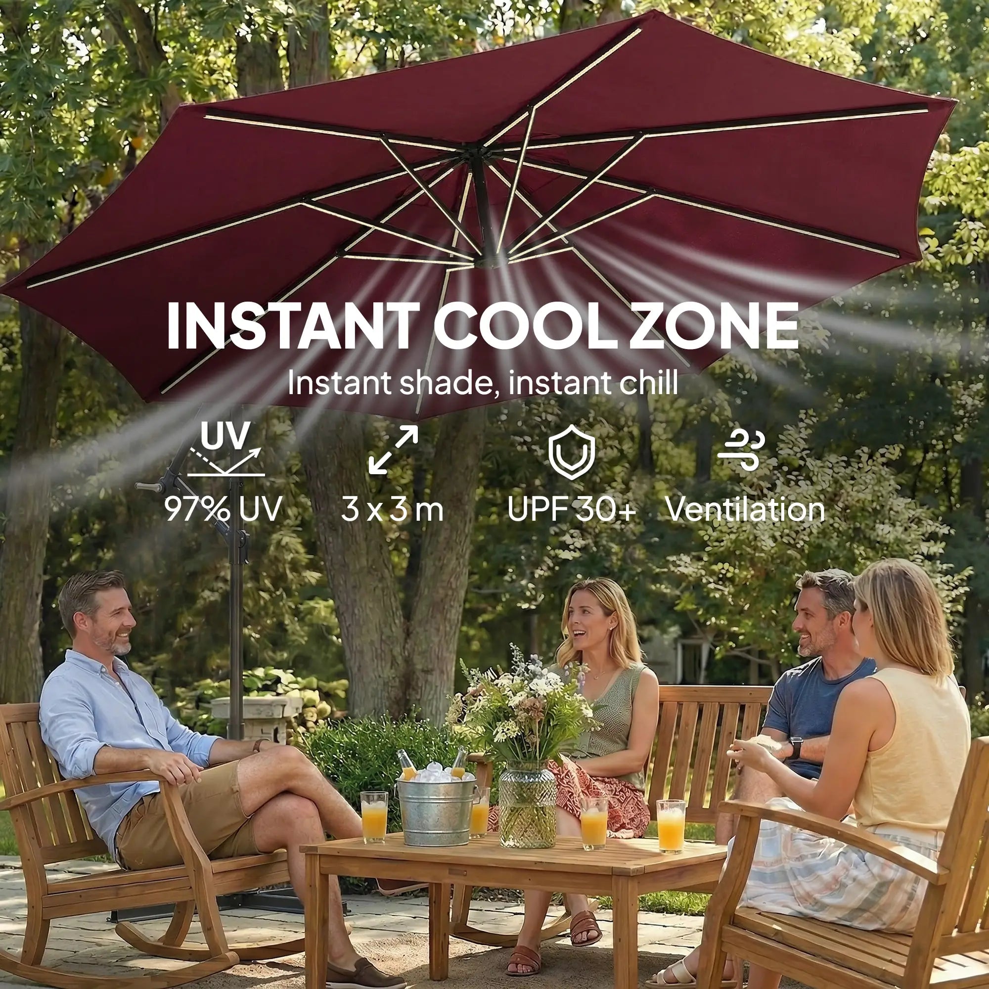 10 ft Offset Patio Umbrella, Solar Light, 360° Rotation, Tilt, Wine Red Offset Cantilever Umbrellas at Gallery Canada