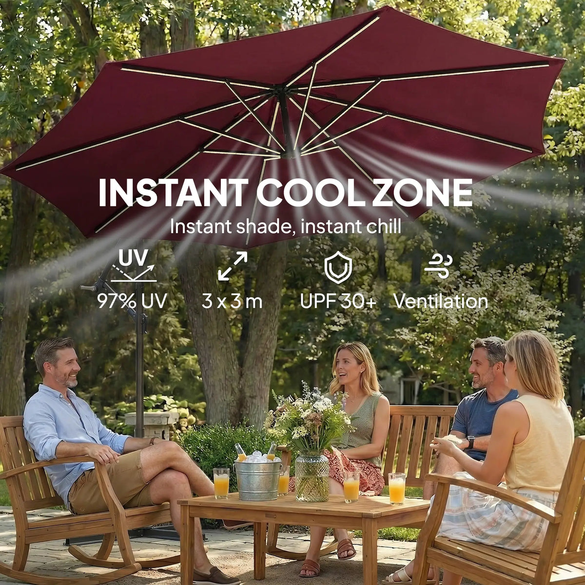 10 ft Offset Patio Umbrella, Solar Light, 360° Rotation, Tilt, Wine Red Offset Cantilever Umbrellas at Gallery Canada