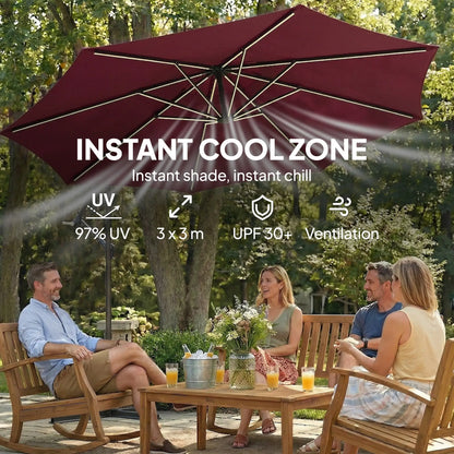 10 ft Offset Patio Umbrella, Solar Light, 360° Rotation, Tilt, Wine Red Offset Cantilever Umbrellas at Gallery Canada