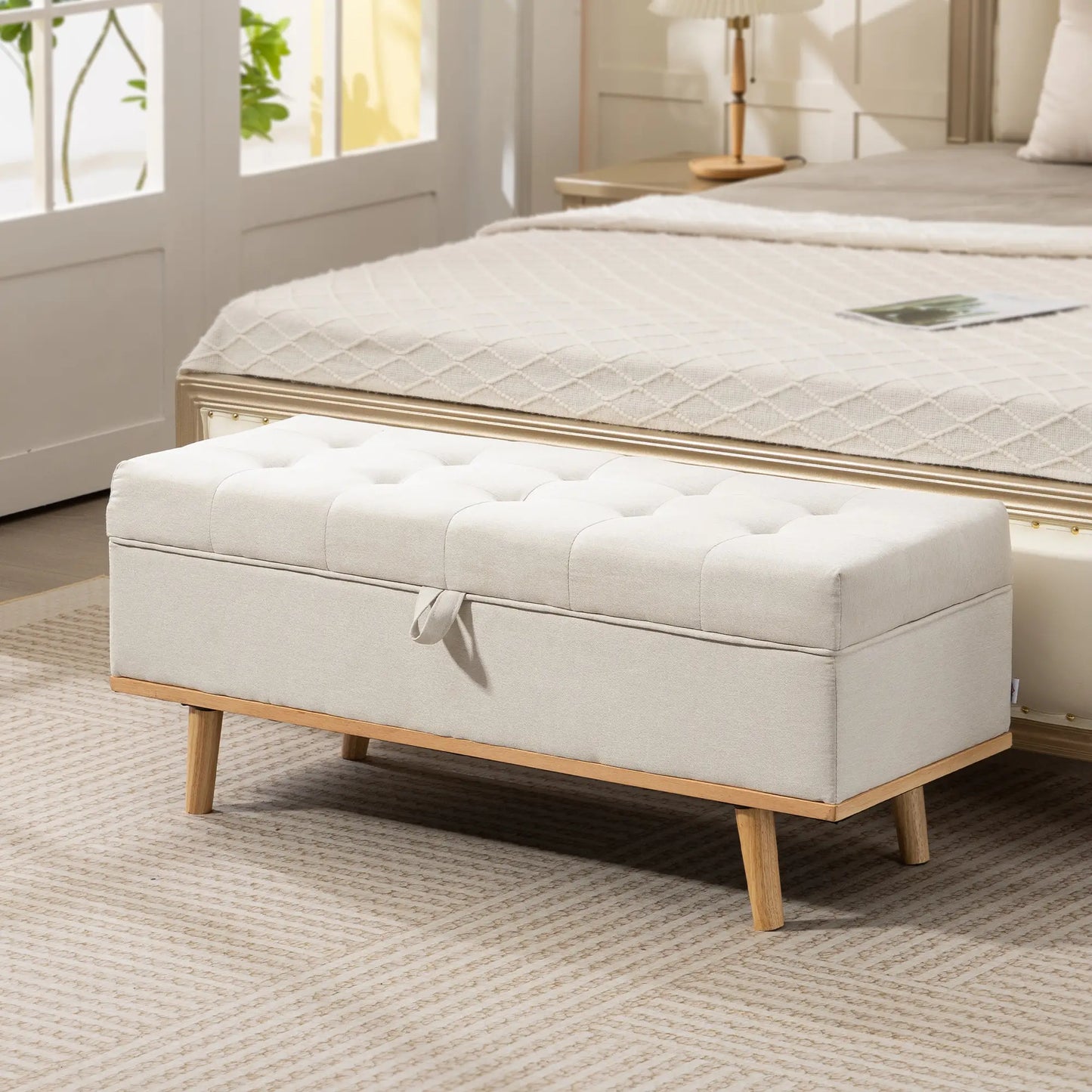Storage Ottoman Bench with Lift-Up Lid, Wood Legs, Cream White Storage Ottomans & Benches at Gallery Canada