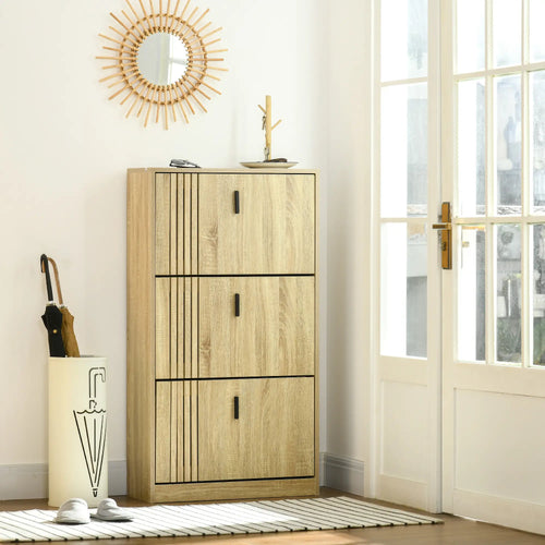 Shoe Storage Cabinet, 18 Pairs, 3 Flip Drawers, Adjustable Shelves, Oak