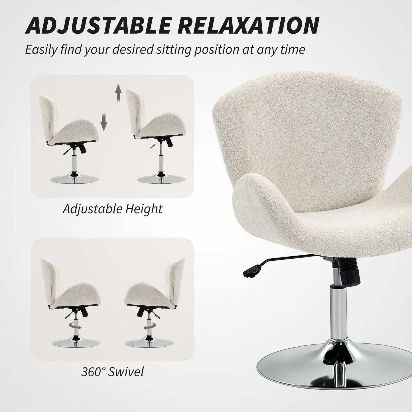 Swivel Office Chair, Velvet Desk Chair, Wide Bucket Seat, Cream White Task Chairs at Gallery Canada