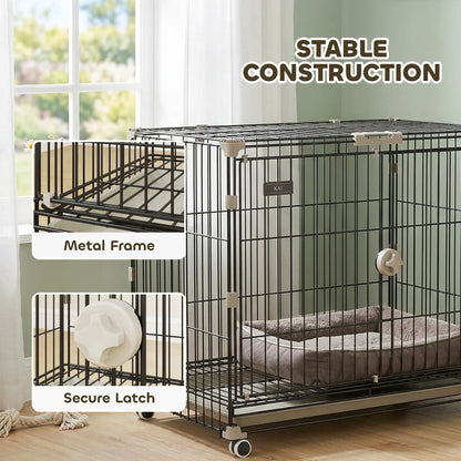 30 Inch Foldable Dog Crate, Metal Cage with Tray & Wheels, Black Dog Cages & Crates at Gallery Canada