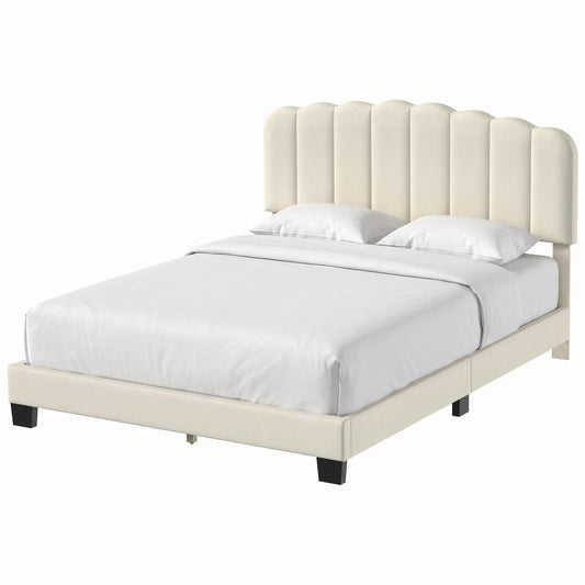 Queen Size Bed Frame, Adjustable Headboard, Linen-Feel Upholstered, Beige Bed Frames Beige at Gallery Canada