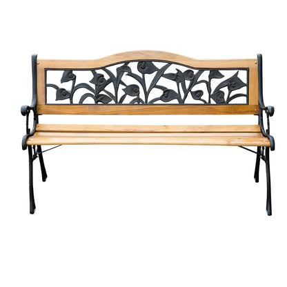 50" 2-Seater Garden Bench, Cast Iron Wooded Loveseat, Natural Outdoor Benches at Gallery Canada