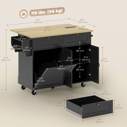 Kitchen Island Cart with Charging Station, Drop Leaf, Black Kitchen Islands & Kitchen Carts at Gallery Canada