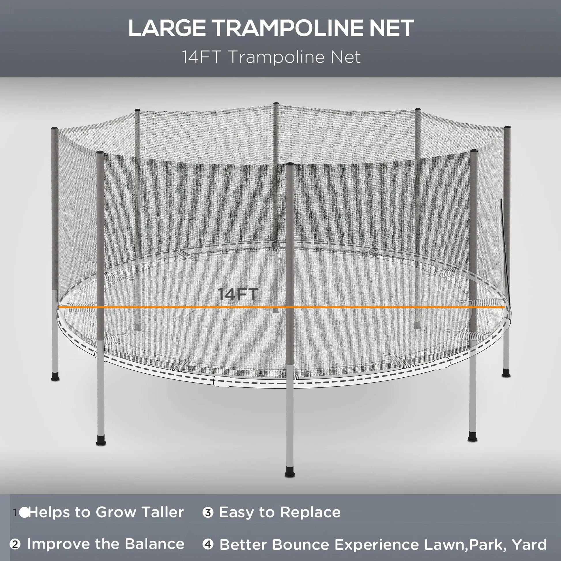 14FT Trampoline Enclosure Net with 8 Poles, Grey Trampolines at Gallery Canada