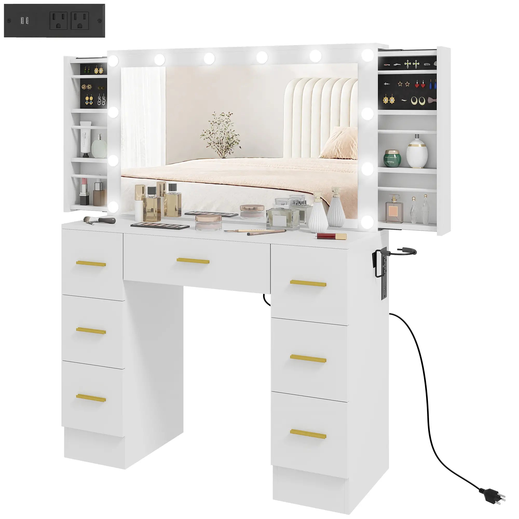 Makeup Vanity Desk with Mirror, Lights, 7 Drawers, White Dressing & Vanity Tables White at Gallery Canada