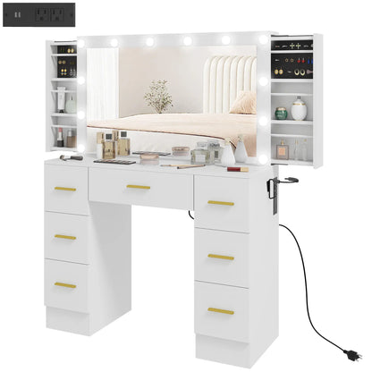 Makeup Vanity Desk with Mirror, Lights, 7 Drawers, White Dressing & Vanity Tables White at Gallery Canada