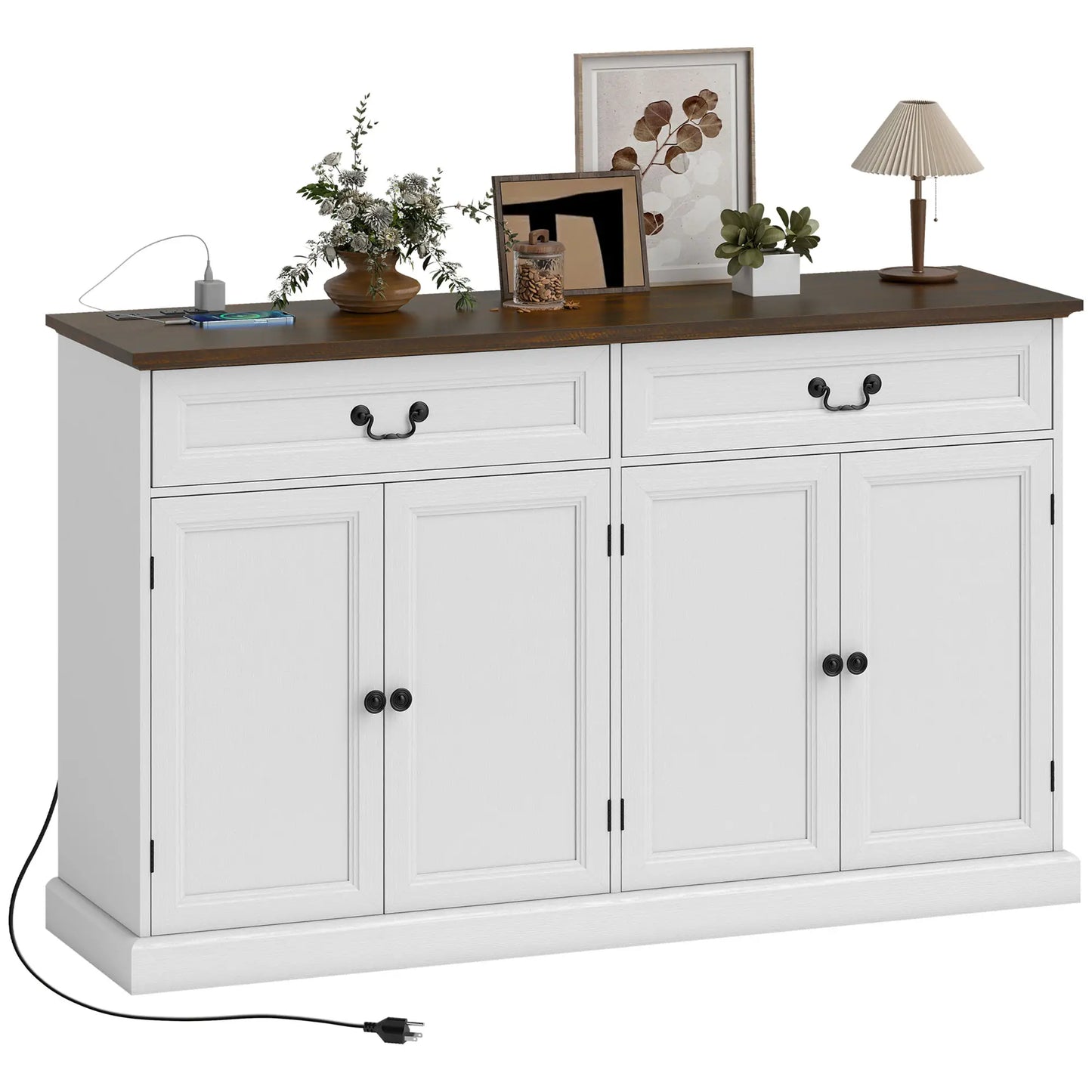 55" Buffet Cabinet, White Wood Grain, Charging Station, 2 Drawers, White Bar Cabinets White Wood Grain, Brown Wood Grain at Gallery Canada