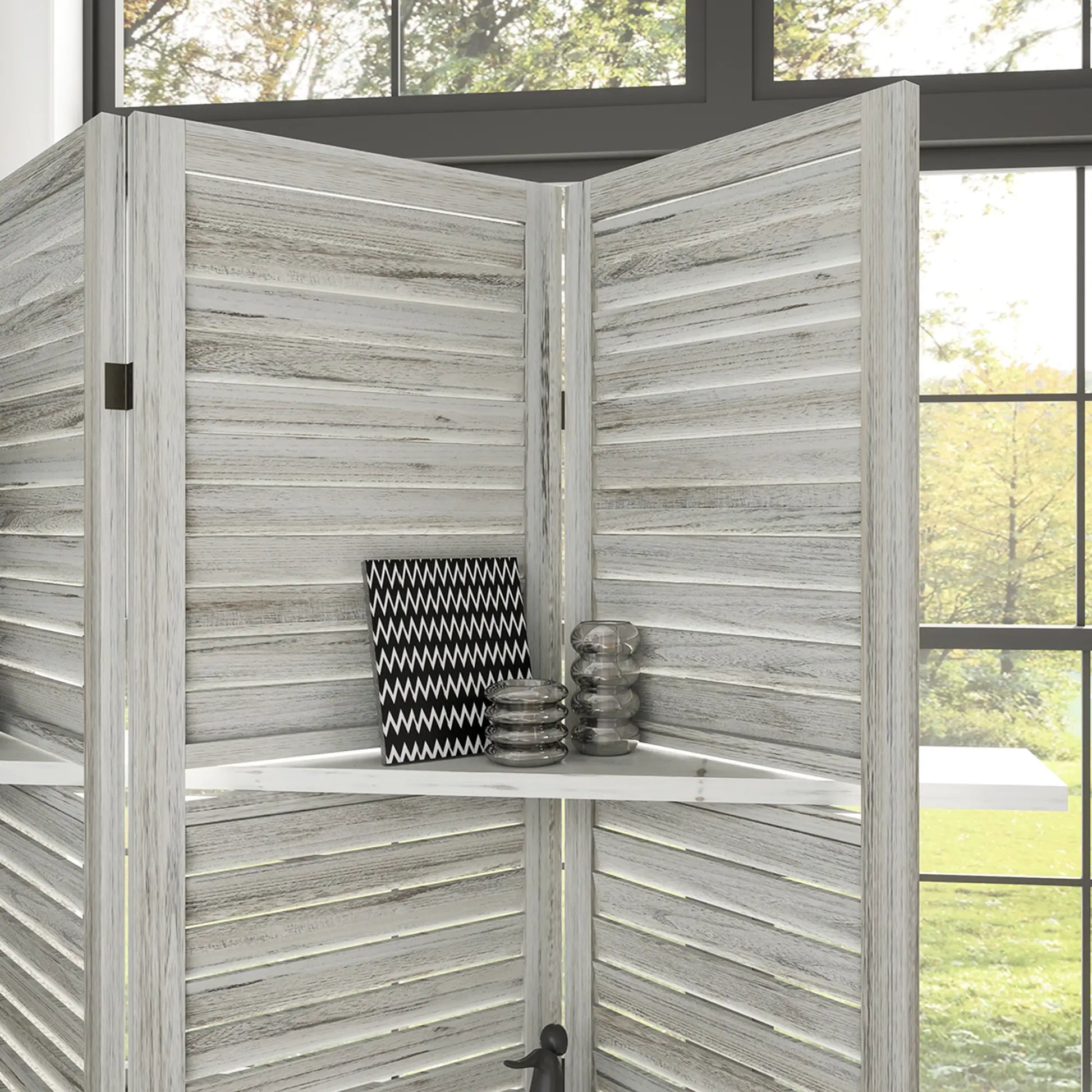 4-Panel Wall Partition, 3 Storage Shelves, Foldable, Wooden Frame, 5.6FT, Distressed White, White Room Dividers at Gallery Canada