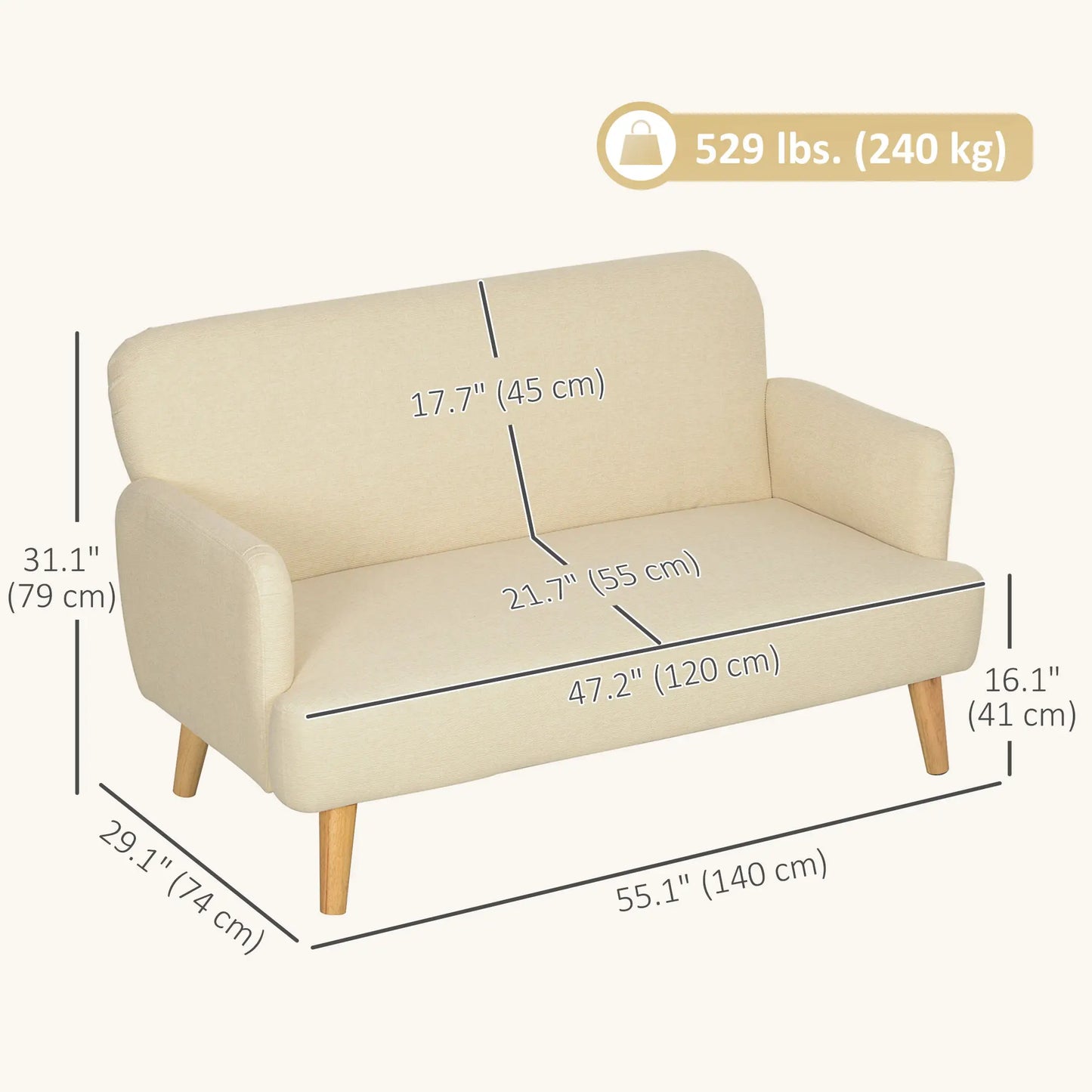 Velvet Fabric 2 Seater Sofa, Small Loveseat 8.3" Thick, Cream White 2-Seater Sofas at Gallery Canada