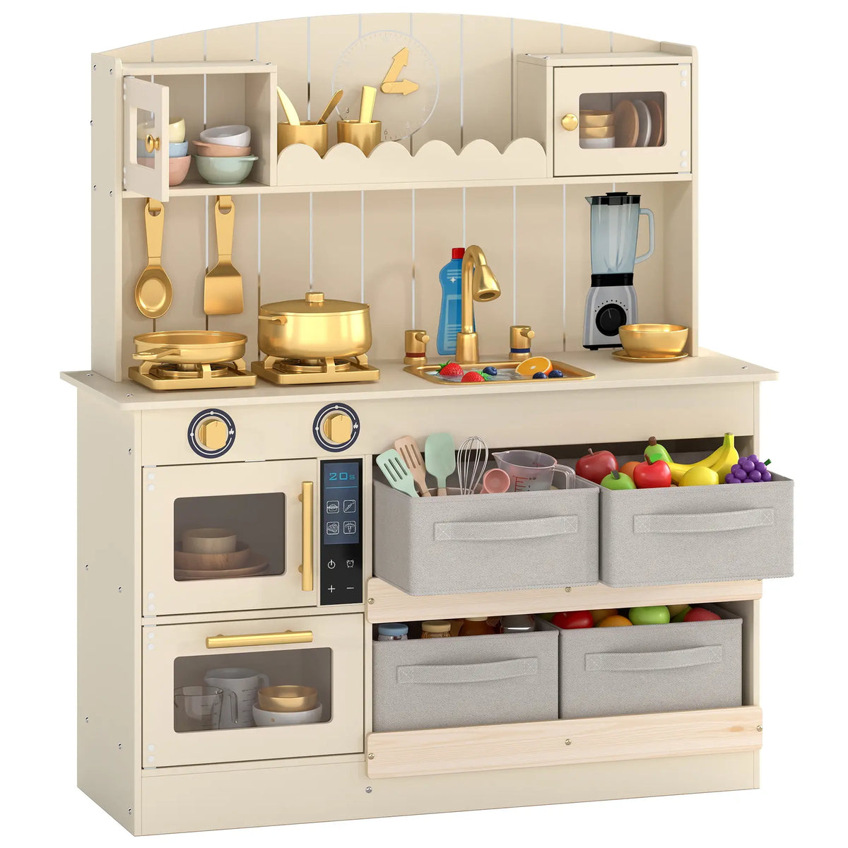 Ensemble de cuisine en bois pour enfants, lumières, sons, 12 pièces, crème
