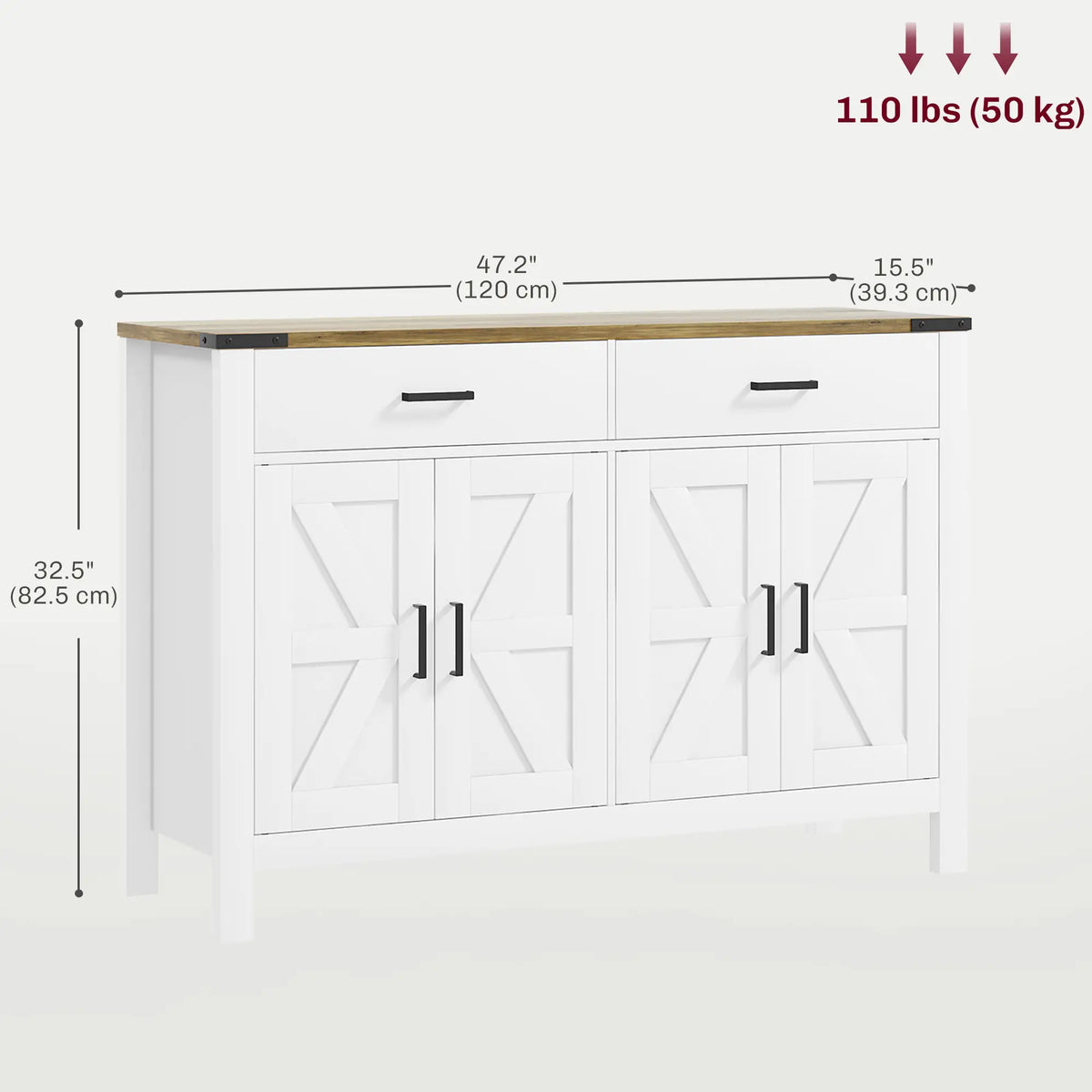 Farmhouse Buffet Cabinet, 2 Drawers, 2 Cabinets, Adjustable Shelves, White
