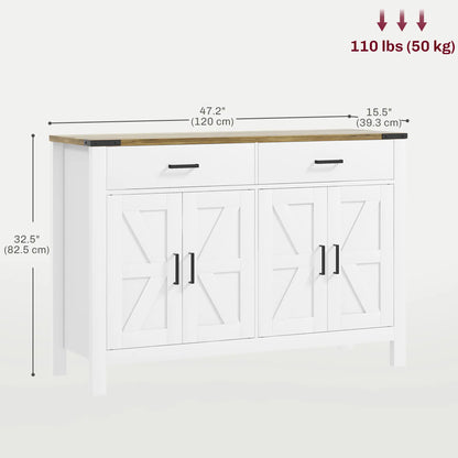 Farmhouse Buffet Cabinet, 2 Drawers, 2 Cabinets, Adjustable Shelves, White