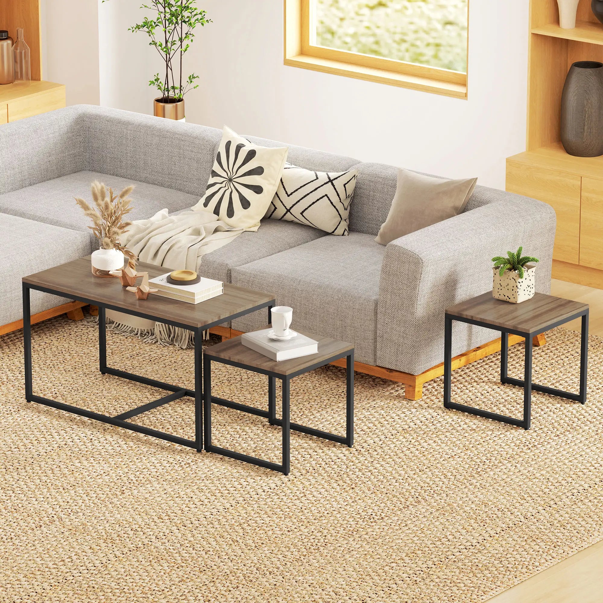 Nesting Coffee Table Set of 3, Black Metal Frame, 3-Piece, Brown Coffee Tables at Gallery Canada