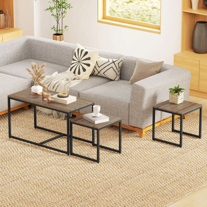 Nesting Coffee Table Set of 3, Black Metal Frame, 3-Piece, Brown Coffee Tables at Gallery Canada