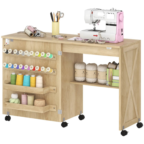Sewing Machine Table on Wheels, Folding Craft Table with Storage, Natural