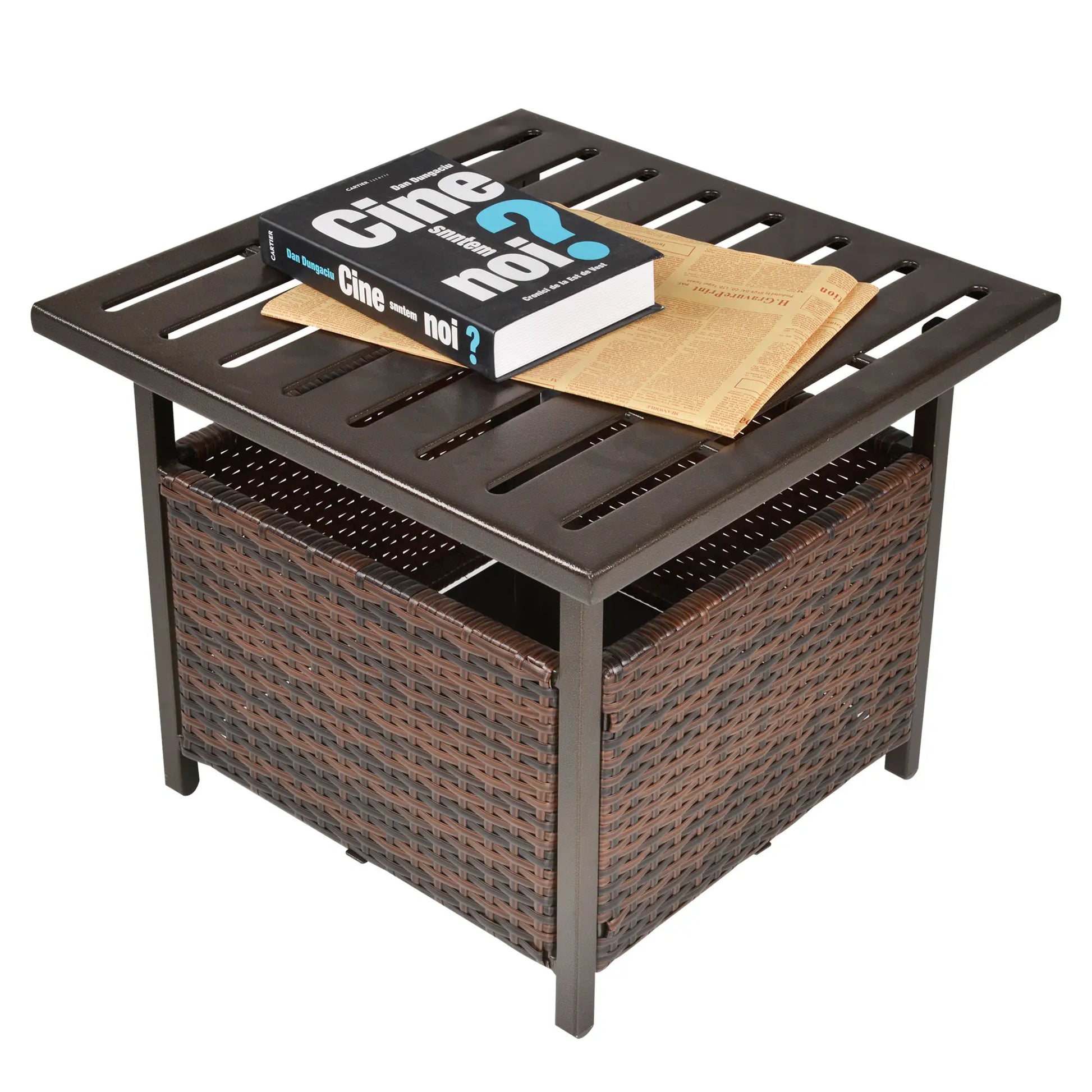 21.75" Outdoor Rattan Coffee Table, Umbrella Hole, Slatted Metal Top, Brown Patio Side Tables at Gallery Canada