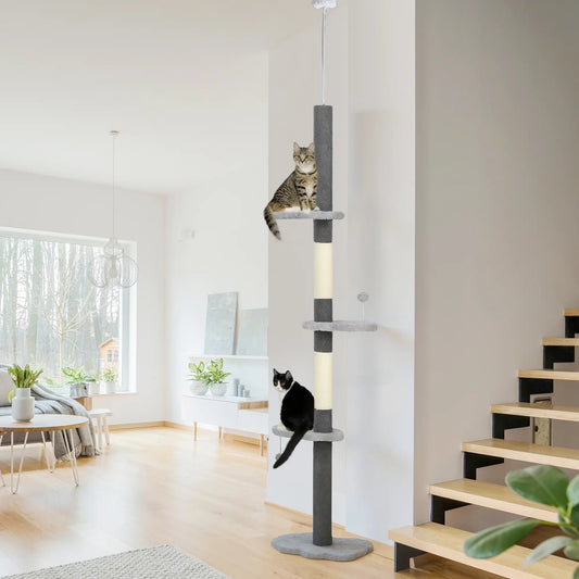 88.5"-100.5" Floor to Ceiling Cat Tree, Scratching Posts, Cloud Platforms, Dangling Balls, Grey Floor to Ceiling Cat Trees Grey at Gallery Canada