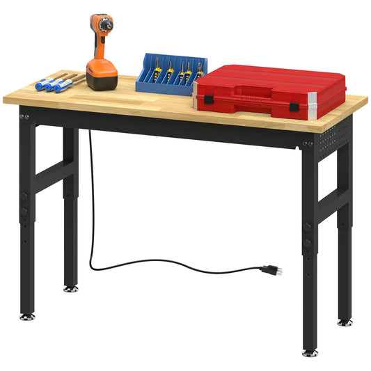 48" Adjustable Workbench, Heavy Duty Work Table with Rubber Wood Top, Power Outlets, Pegboard, 2000 LBS Capacity Tool Organizers Natural Wood, Black at Gallery Canada