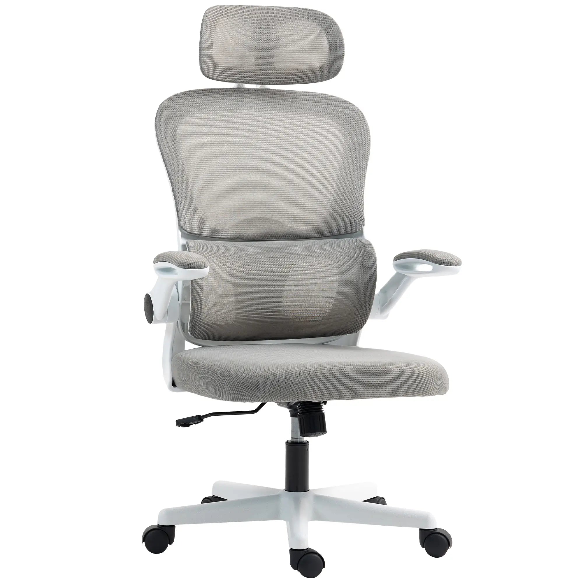 Mesh Office Chair, Ergonomic with Flip-Up Armrest, Rotatable Headrest, Adjustable Lumbar Support, Grey Office Chairs at Gallery Canada