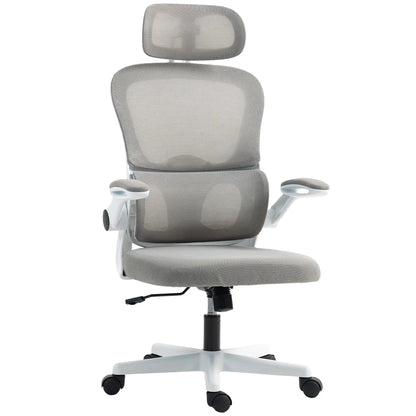 Mesh Office Chair, Ergonomic with Flip-Up Armrest, Rotatable Headrest, Adjustable Lumbar Support, Grey Office Chairs at Gallery Canada