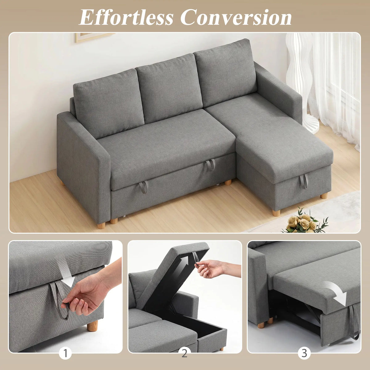 83" Sofa Bed, L Shaped Sectional with Storage Chaise, Light Grey Sofas & Reclining Chairs at Gallery Canada