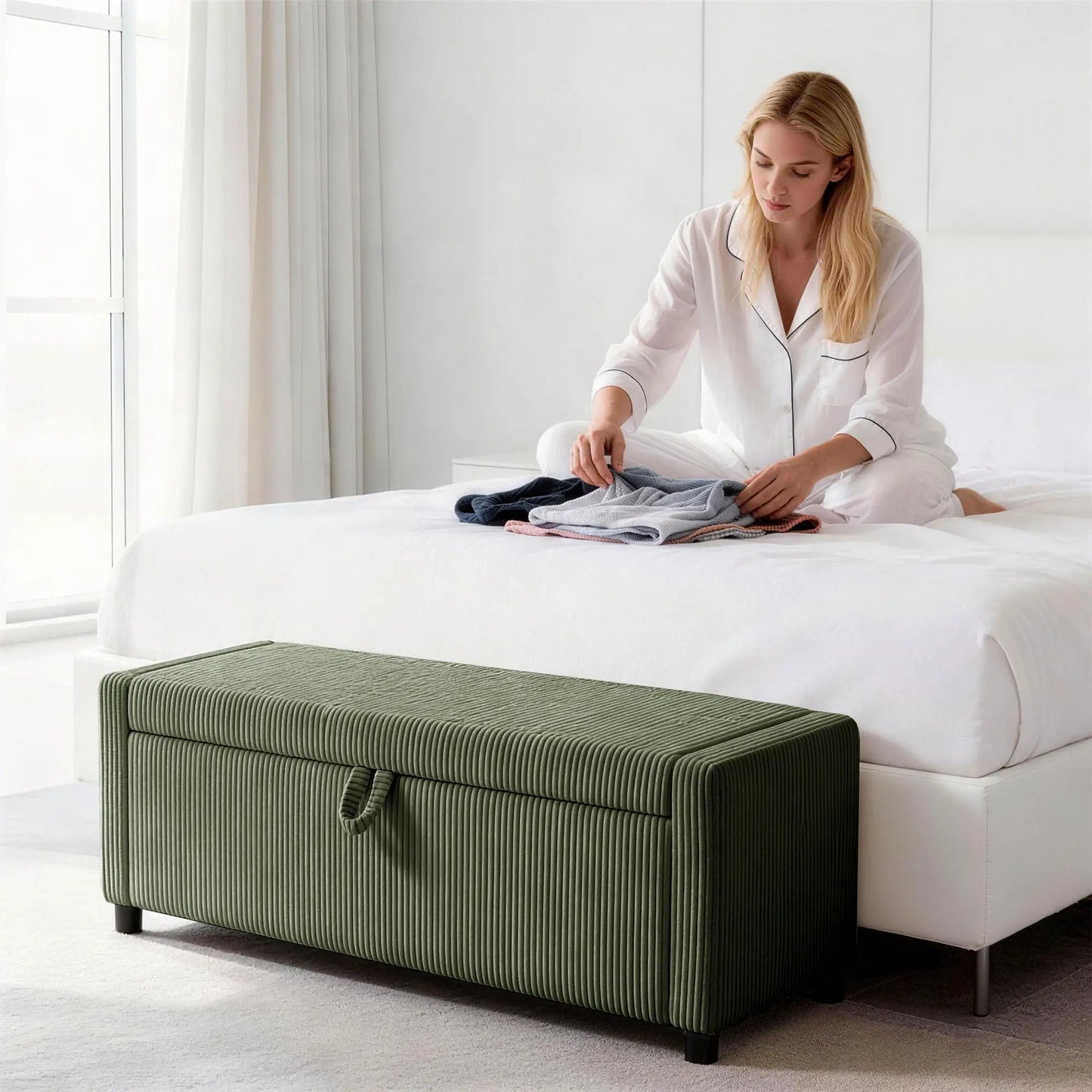 Storage Ottoman, Upholstered Corduroy Bench, Dark Green Storage Ottomans & Benches at Gallery Canada
