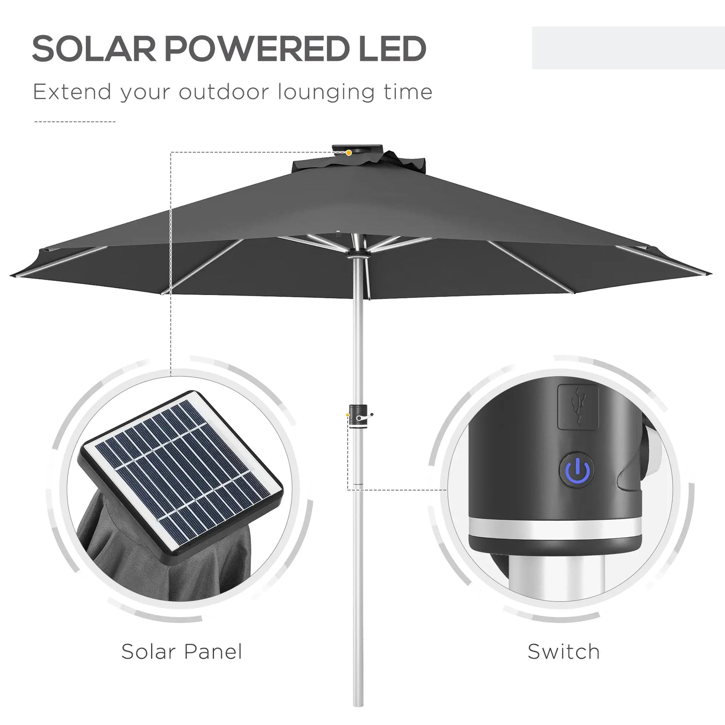 LED Patio Umbrella, Solar USB Charging, 4 Lighting Modes, Charcoal Grey Sun Umbrellas at Gallery Canada