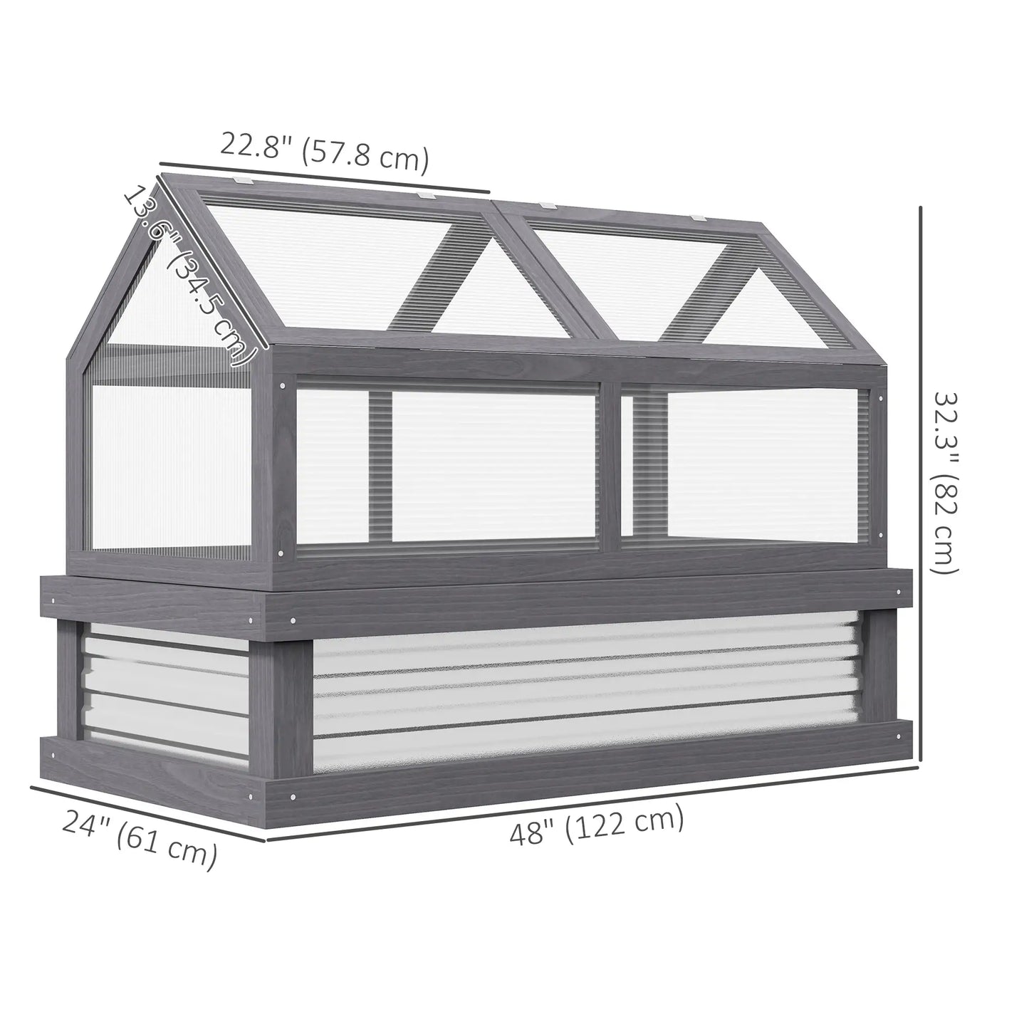 Raised Garden Bed Kit With Greenhouse, Wooden Cold Frame Planter, 48" x 24" x 32", Grey