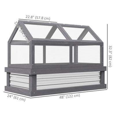Raised Garden Bed Kit With Greenhouse, Wooden Cold Frame Planter, 48" x 24" x 32", Grey