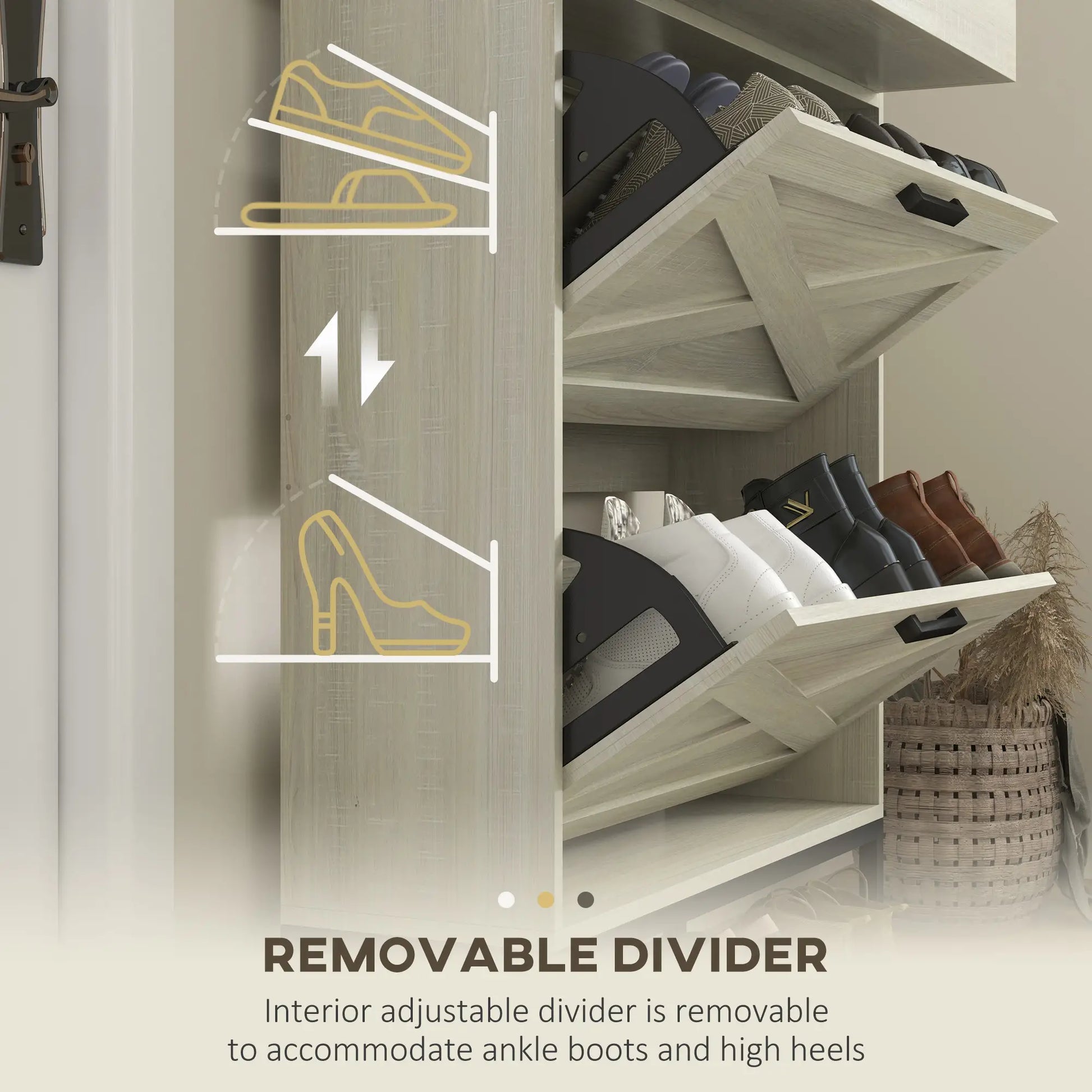 Slim Shoe Storage, 2 Flip Drawers, Adjustable Shelves, 12 Pair, Distressed, White Shoe Storage Cabinets & Racks at Gallery Canada