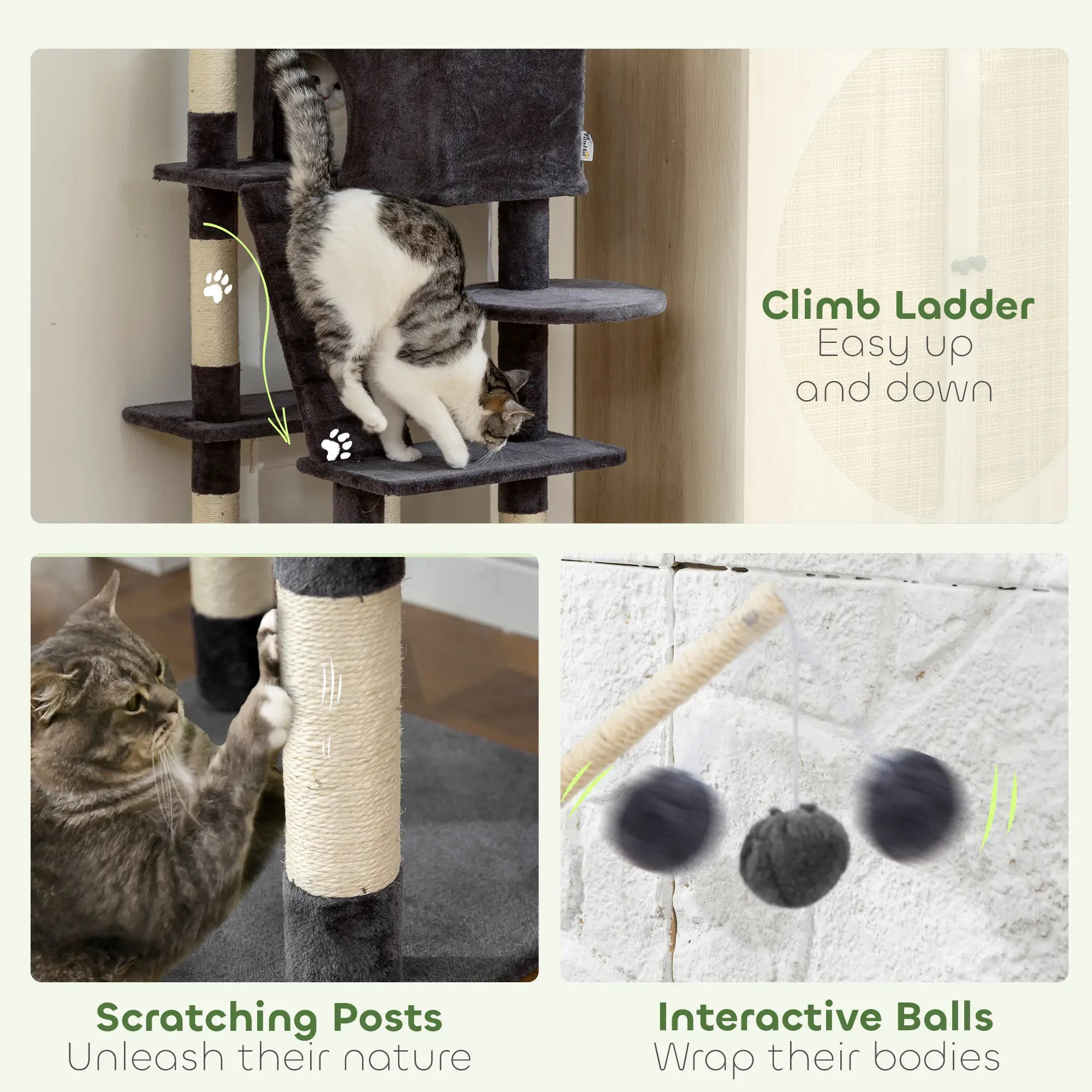 59 Inch Large Cat Tree with Sisal Posts, Condo, Perch, Ladder, Balls, Dark Grey Cat Trees at Gallery Canada