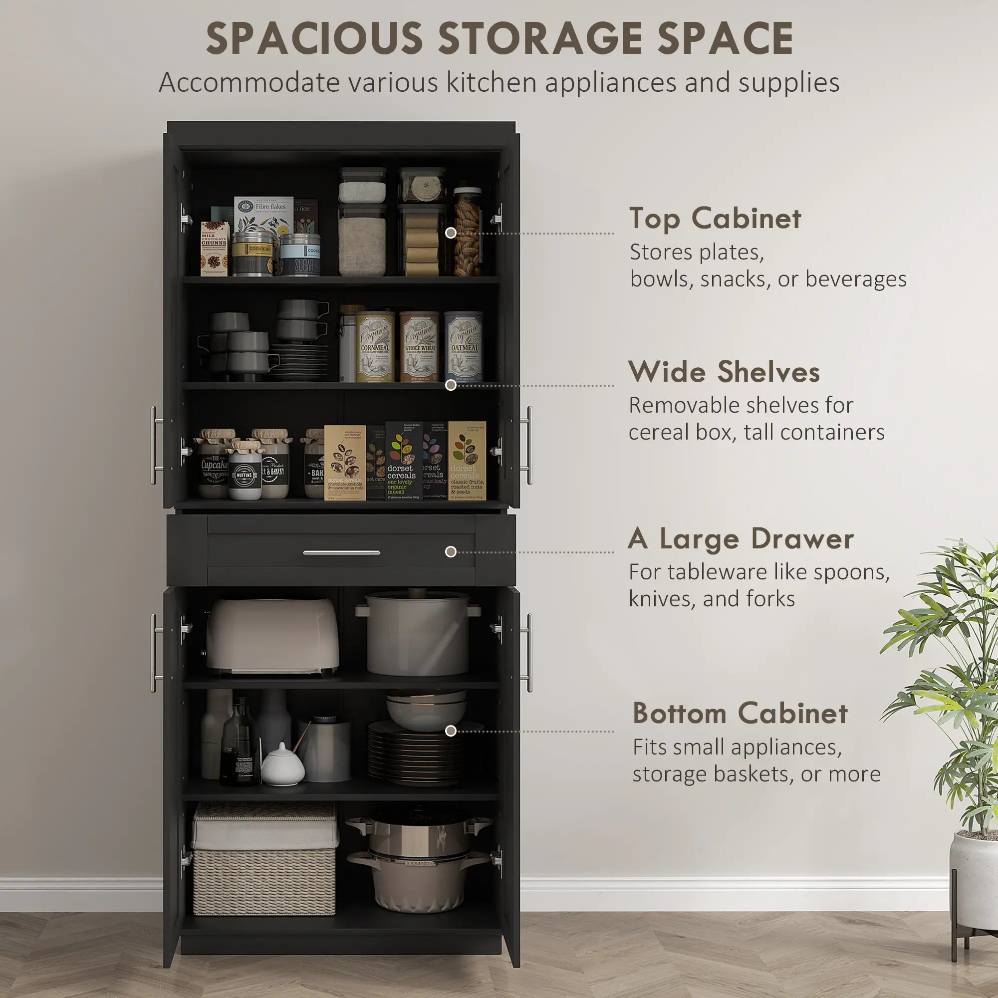 72 Storage Cabinet, 4 Doors, Drawer, 3 Adjustable Shelves, Black Kitchen Pantry Cabinets at Gallery Canada